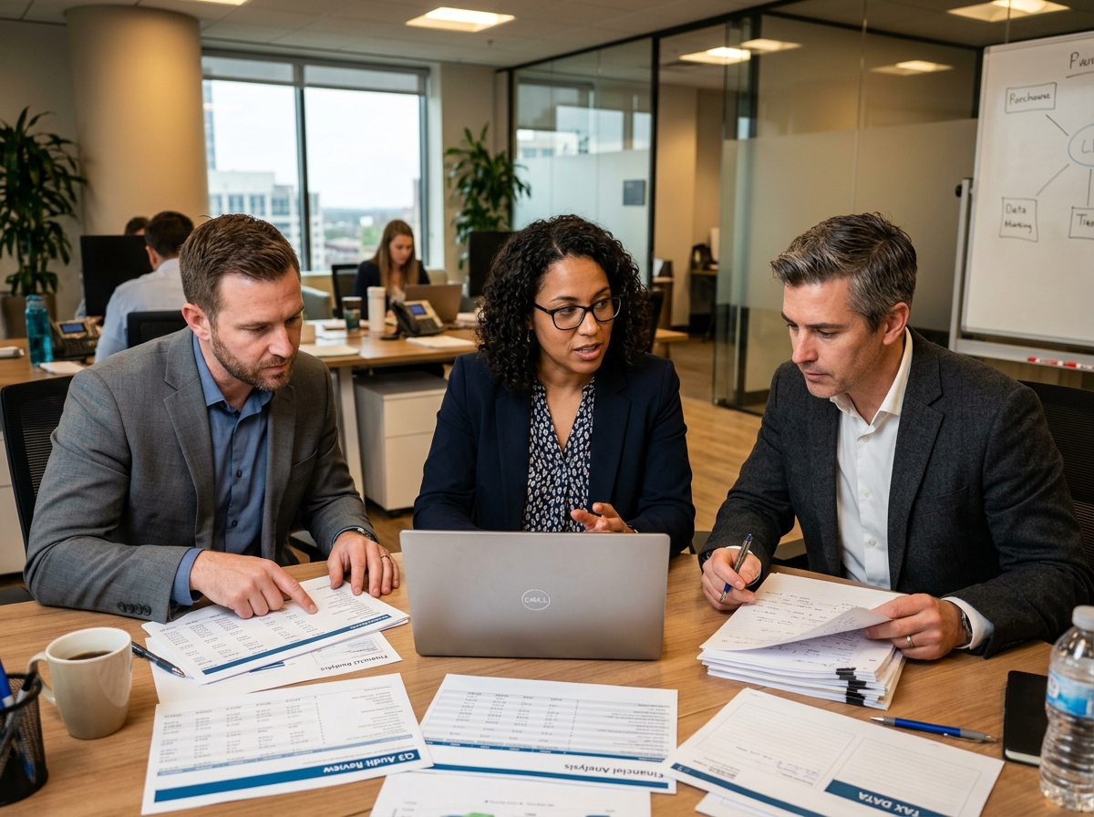 Equipe de auditoria R4 colaborando estrategicamente em análise contábil